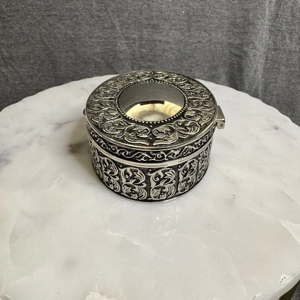 Ornate Vintage Silver Plated Trinket Box Blue Velvet Lined Jewelry Casket